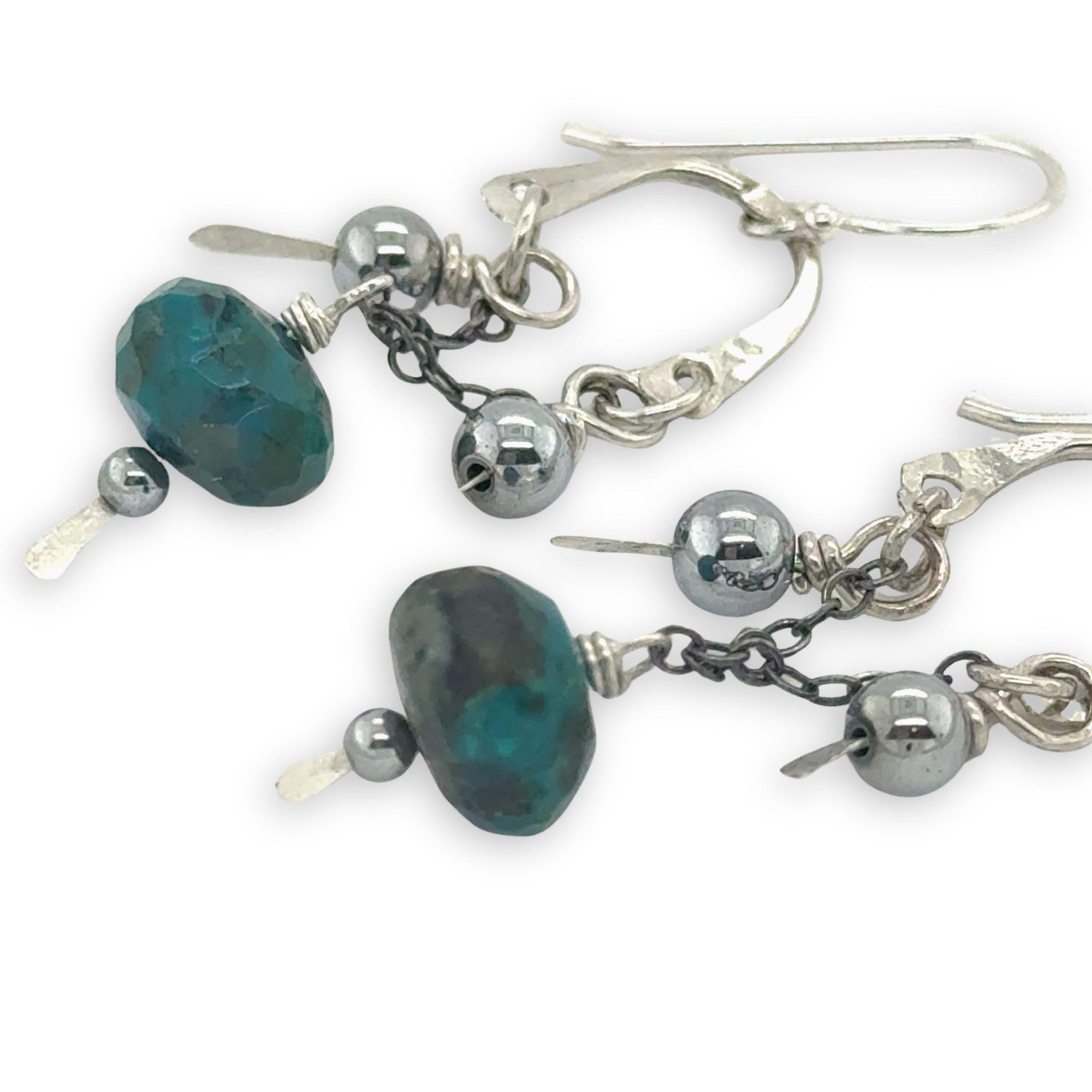 Mini sterling silver arch earrings with darkened sterling chain with chrysocolla and smooth pyrite dangles