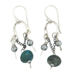 Mini sterling silver arch earrings with darkened sterling chain with chrysocolla and smooth pyrite dangles