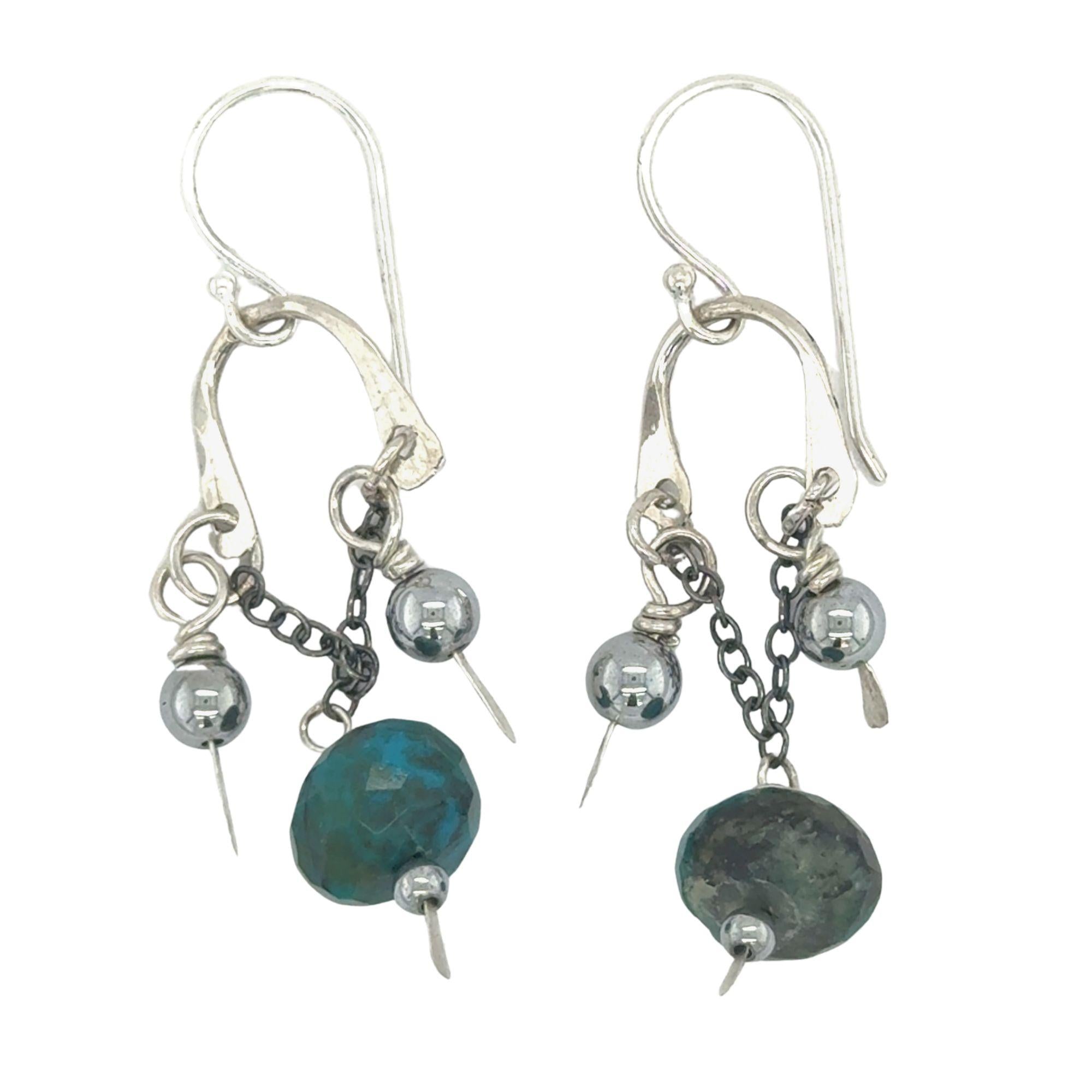 Mini sterling silver arch earrings with darkened sterling chain with chrysocolla and smooth pyrite dangles