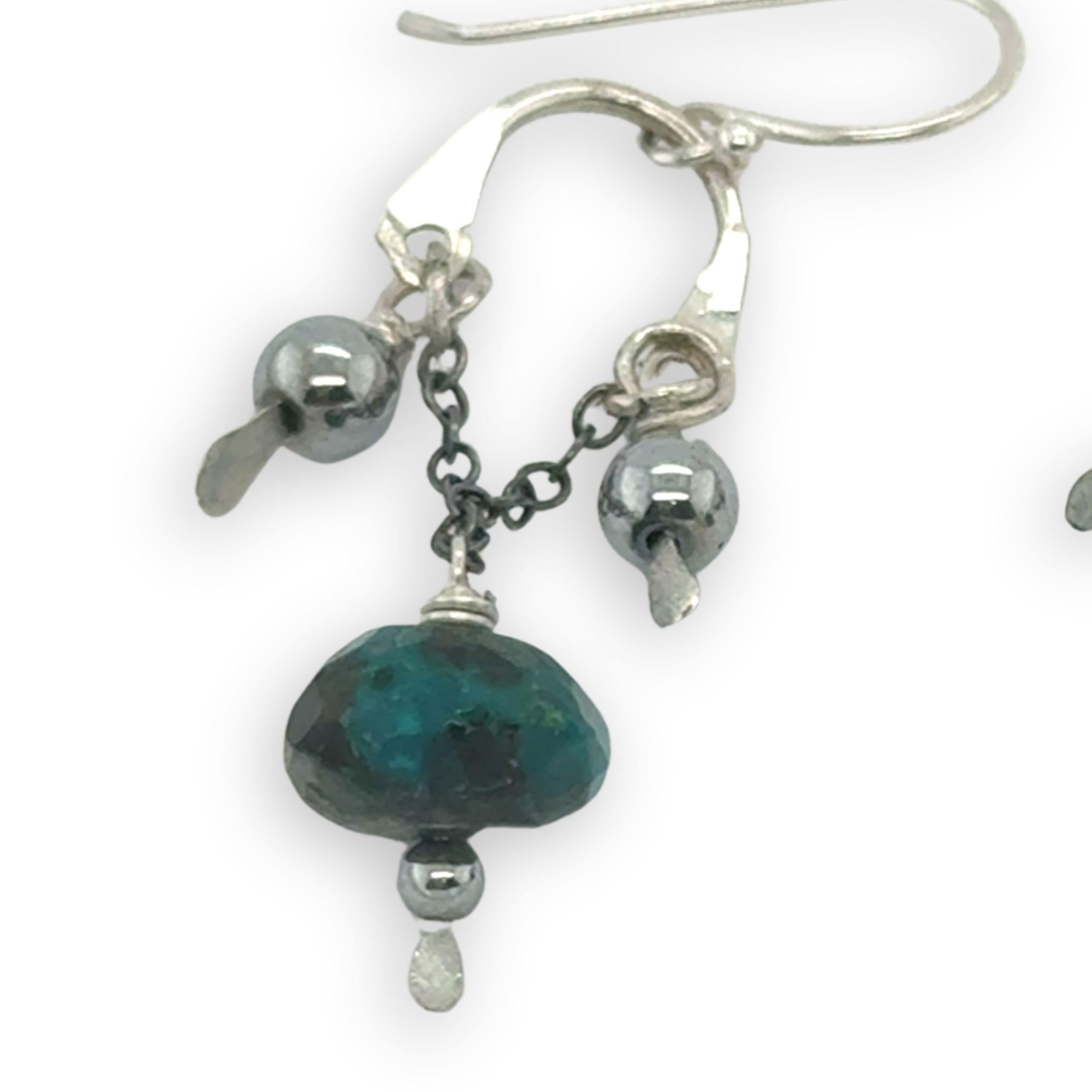 Mini sterling silver arch earrings with darkened sterling chain with chrysocolla and smooth pyrite dangles