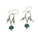 Mini sterling silver arch earrings with darkened sterling chain with chrysocolla and smooth pyrite dangles
