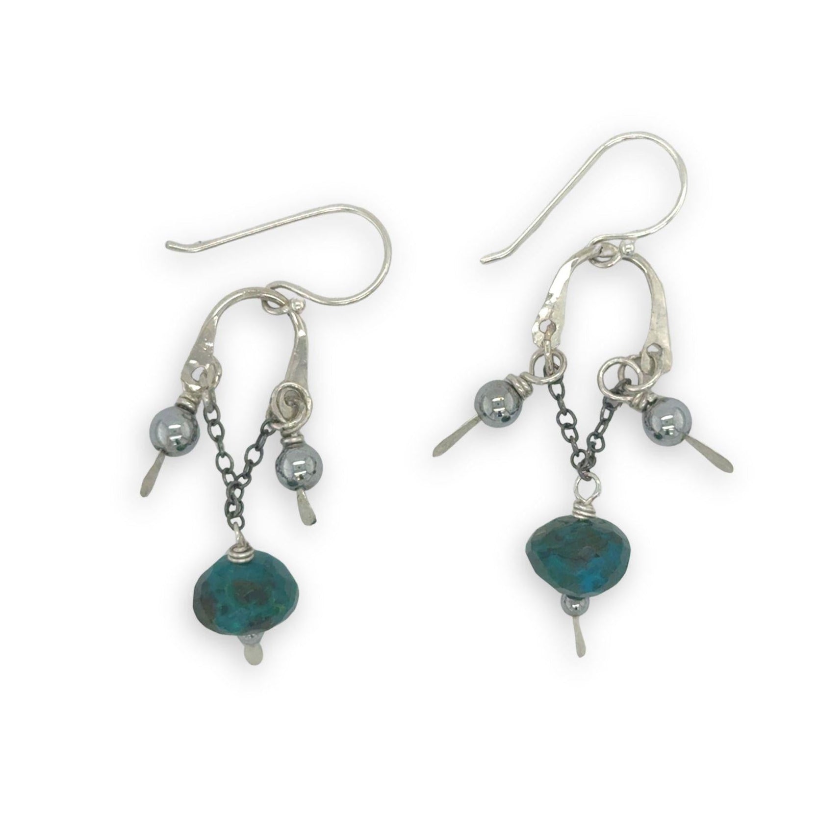 Mini sterling silver arch earrings with darkened sterling chain with chrysocolla and smooth pyrite dangles