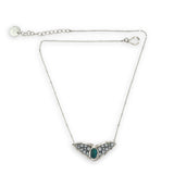 Necklace with sterling silver wings shaped pendant featuring a chrysocolla gemstone and smooth pyrite gemstones 