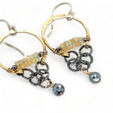 iridescent opal and pyrite gemstones accent our handmade brass hoop earrings with dark crinkle chain holding a pyrite faceted coin
