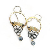 iridescent opal and pyrite gemstones accent our handmade brass hoop earrings with dark crinkle chain holding a pyrite faceted coin
