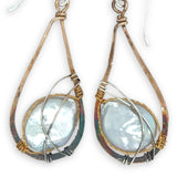 teardrop shaped bronze mini earrings darkened at the bottom with fresh water pearl coins set in brass twist and sterling silver wires