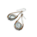 teardrop shaped bronze mini earrings darkened at the bottom with fresh water pearl coins set in brass twist and sterling silver wires