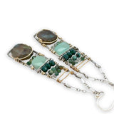 Flashy labradorite, jade, moss agate, and chrysocolla gemstones stacked within and oxidized sterling silver skinny ladder earring frame on gold filled wire