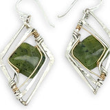 Smooth jade tile gemstones held in hammered sterling silver diamond earrings with gold filled wire accent
