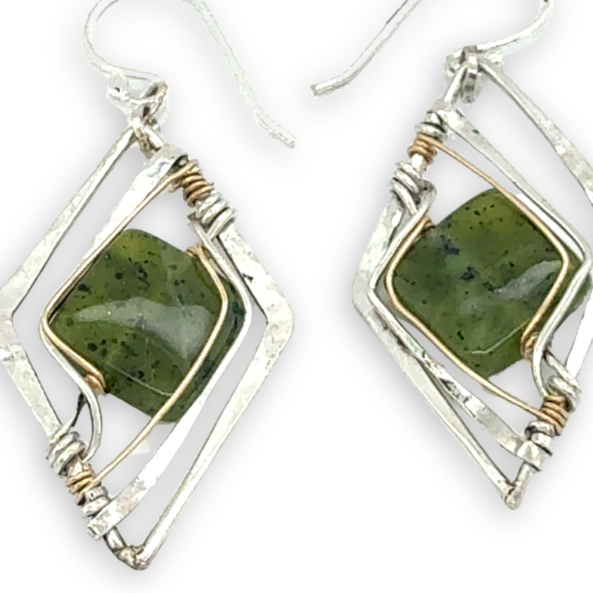 Smooth jade tile gemstones held in hammered sterling silver diamond earrings with gold filled wire accent