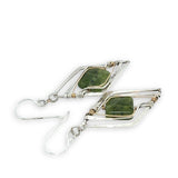 Smooth jade tile gemstones held in hammered sterling silver diamond earrings with gold filled wire accent