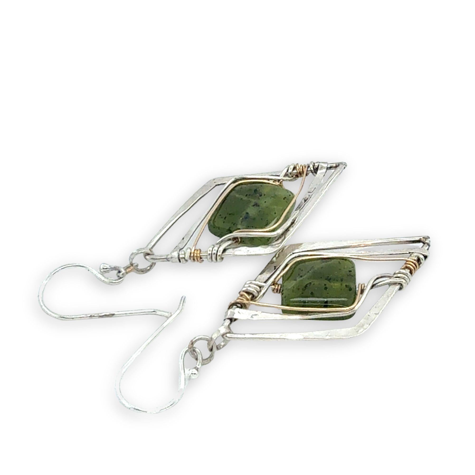 Smooth jade tile gemstones held in hammered sterling silver diamond earrings with gold filled wire accent