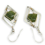 Smooth jade tile gemstones held in hammered sterling silver diamond earrings with gold filled wire accent
