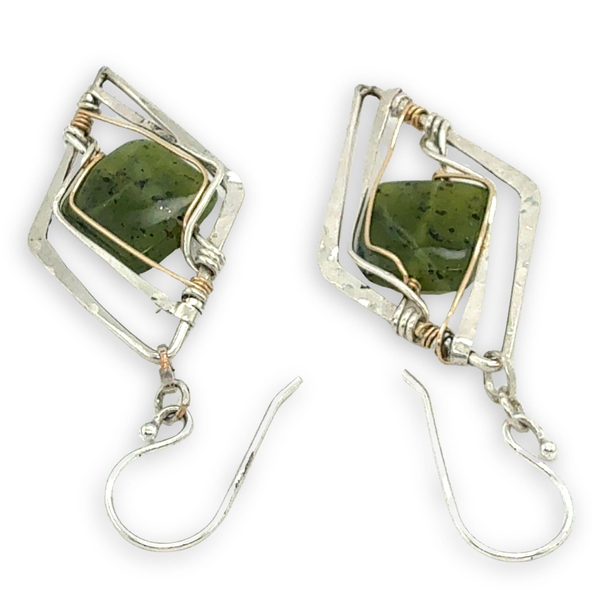 Smooth jade tile gemstones held in hammered sterling silver diamond earrings with gold filled wire accent