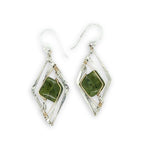 Smooth jade tile gemstones held in hammered sterling silver diamond earrings with gold filled wire accent