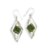 Smooth jade tile gemstones held in hammered sterling silver diamond earrings with gold filled wire accent