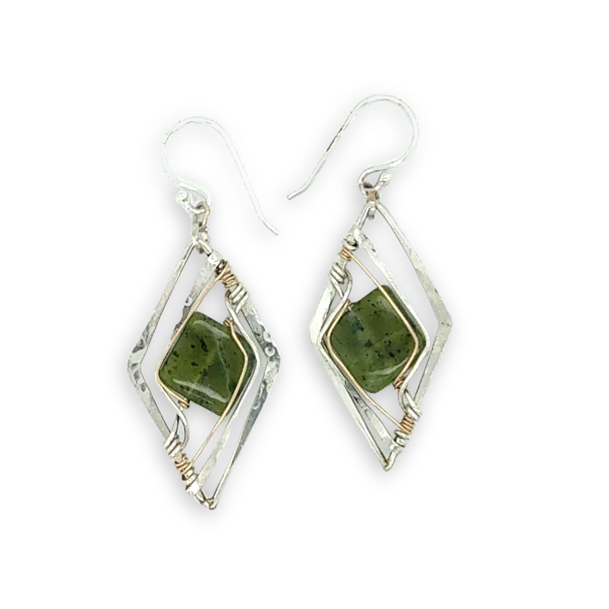 Smooth jade tile gemstones held in hammered sterling silver diamond earrings with gold filled wire accent