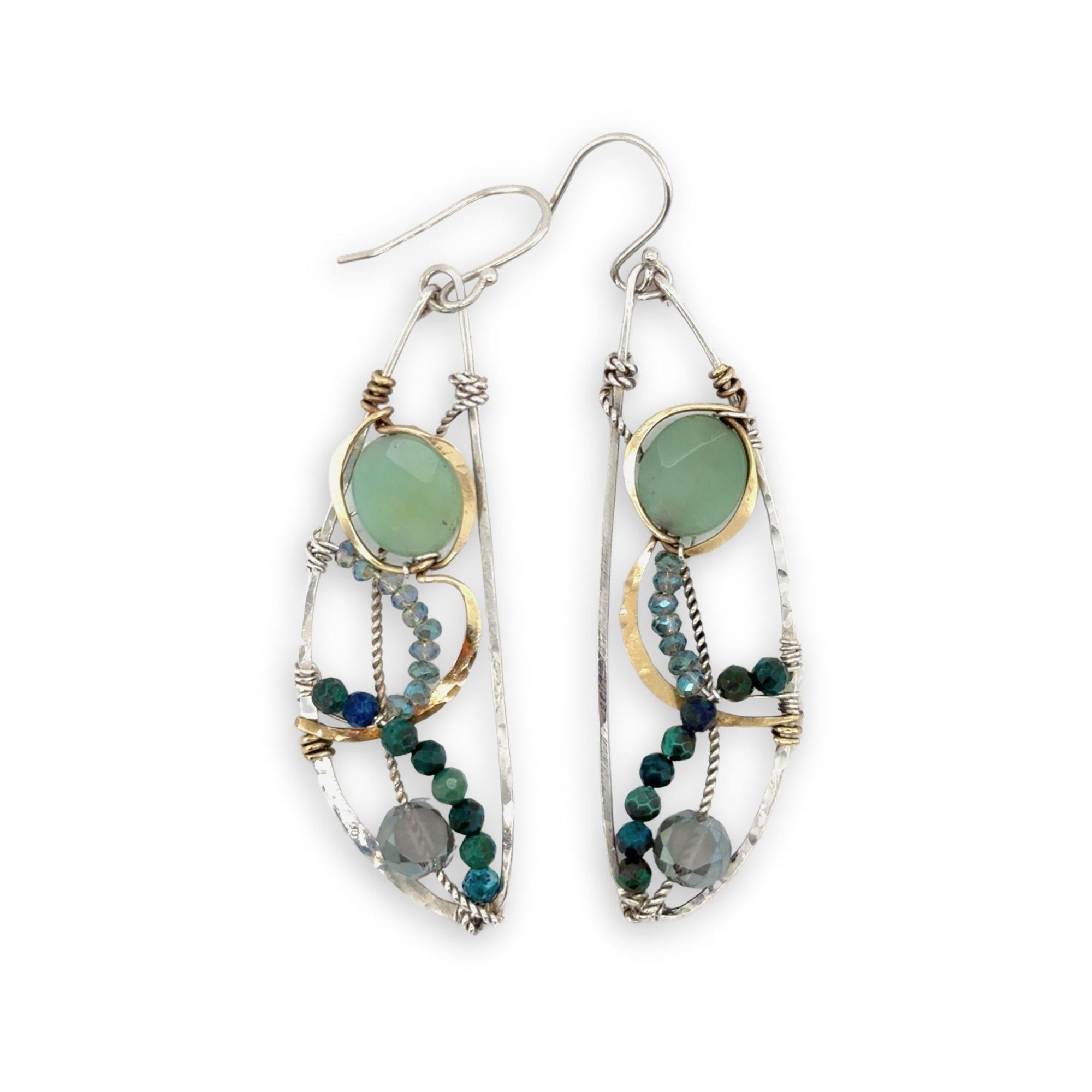 Handmade hammered sterling silver wings embellished with jade, chrysocolla, crystal, brass, and oxidized sterling silver twist wires