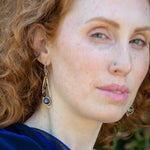 Darkened sterling silver hammered wing shaped earrings with lapis, abalone, crystal, and garnet gemstones wrapped in gold filled and brass twist wires