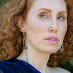 Darkened sterling silver hammered wing shaped earrings with lapis, abalone, crystal, and garnet gemstones wrapped in gold filled and brass twist wires