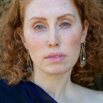 Darkened sterling silver hammered wing shaped earrings with lapis, abalone, crystal, and garnet gemstones wrapped in gold filled and brass twist wires