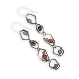 darkened sterling silver honeycomb hammered link earring bejeweled with amethyst, garnet, red and orange cubic zirconia, and pyrite gemstones