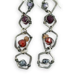 darkened sterling silver honeycomb hammered link earring bejeweled with amethyst, garnet, red and orange cubic zirconia, and pyrite gemstones