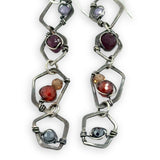 darkened sterling silver honeycomb hammered link earring bejeweled with amethyst, garnet, red and orange cubic zirconia, and pyrite gemstones