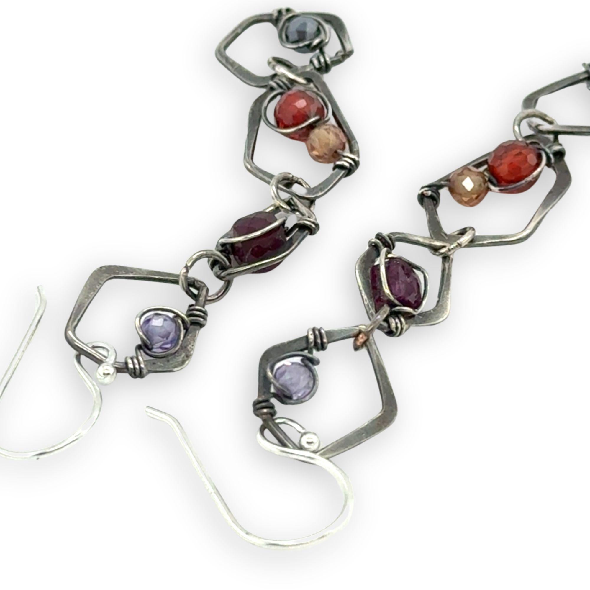 darkened sterling silver honeycomb hammered link earring bejeweled with amethyst, garnet, red and orange cubic zirconia, and pyrite gemstones