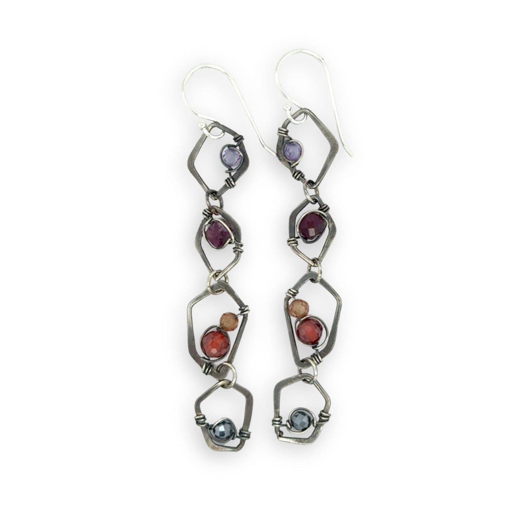 darkened sterling silver honeycomb hammered link earring bejeweled with amethyst, garnet, red and orange cubic zirconia, and pyrite gemstones