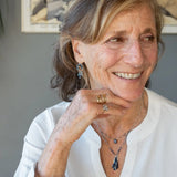 Sterling silver mini earrings with built in earring hooks that wear like a post earrings, with bronze hammered accents, featuring. ink blue crystal and aquamarine gemstones