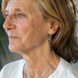 Sterling silver mini earrings with built in earring hooks that wear like a post earrings, with bronze hammered accents, featuring. ink blue crystal and aquamarine gemstones