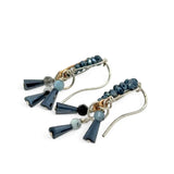 Sterling silver mini earrings with built in earring hooks that wear like a post earrings, with bronze hammered accents, featuring. ink blue crystal and aquamarine gemstones