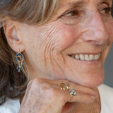 Sterling silver mini earrings with built in earring hooks that wear like a post earrings, with bronze hammered accents, featuring. ink blue crystal and aquamarine gemstones