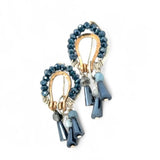 Sterling silver mini earrings with built in earring hooks that wear like a post earrings, with bronze hammered accents, featuring. ink blue crystal and aquamarine gemstones