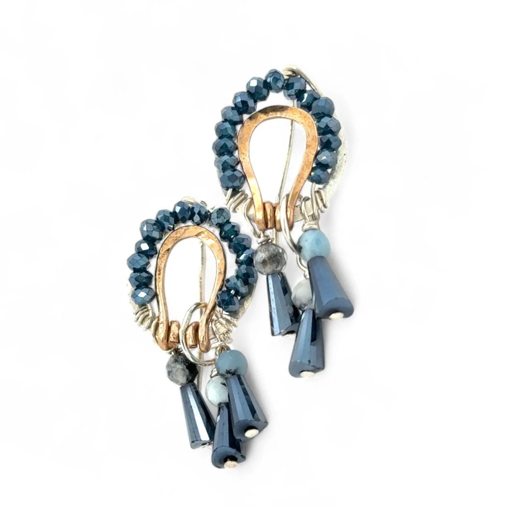 Sterling silver mini earrings with built in earring hooks that wear like a post earrings, with bronze hammered accents, featuring. ink blue crystal and aquamarine gemstones