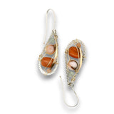 sterling silver braided wire teardrop shaped mini earrings with red jasper, pink opal, sunstone, and prehnite gemstones on 14k gold filled wire