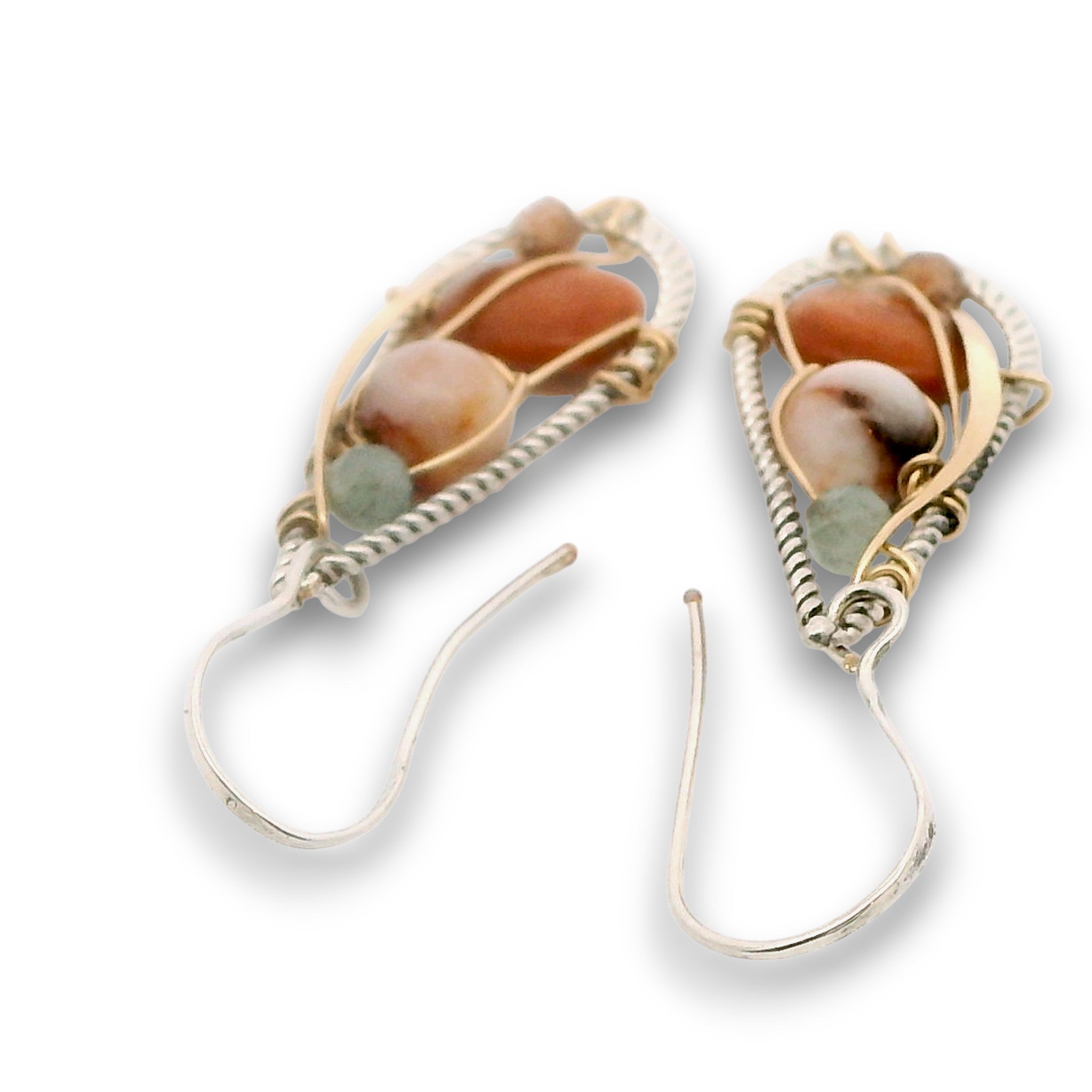 sterling silver braided wire teardrop shaped mini earrings with red jasper, pink opal, sunstone, and prehnite gemstones on 14k gold filled wire