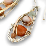 sterling silver braided wire teardrop shaped mini earrings with red jasper, pink opal, sunstone, and prehnite gemstones on 14k gold filled wire