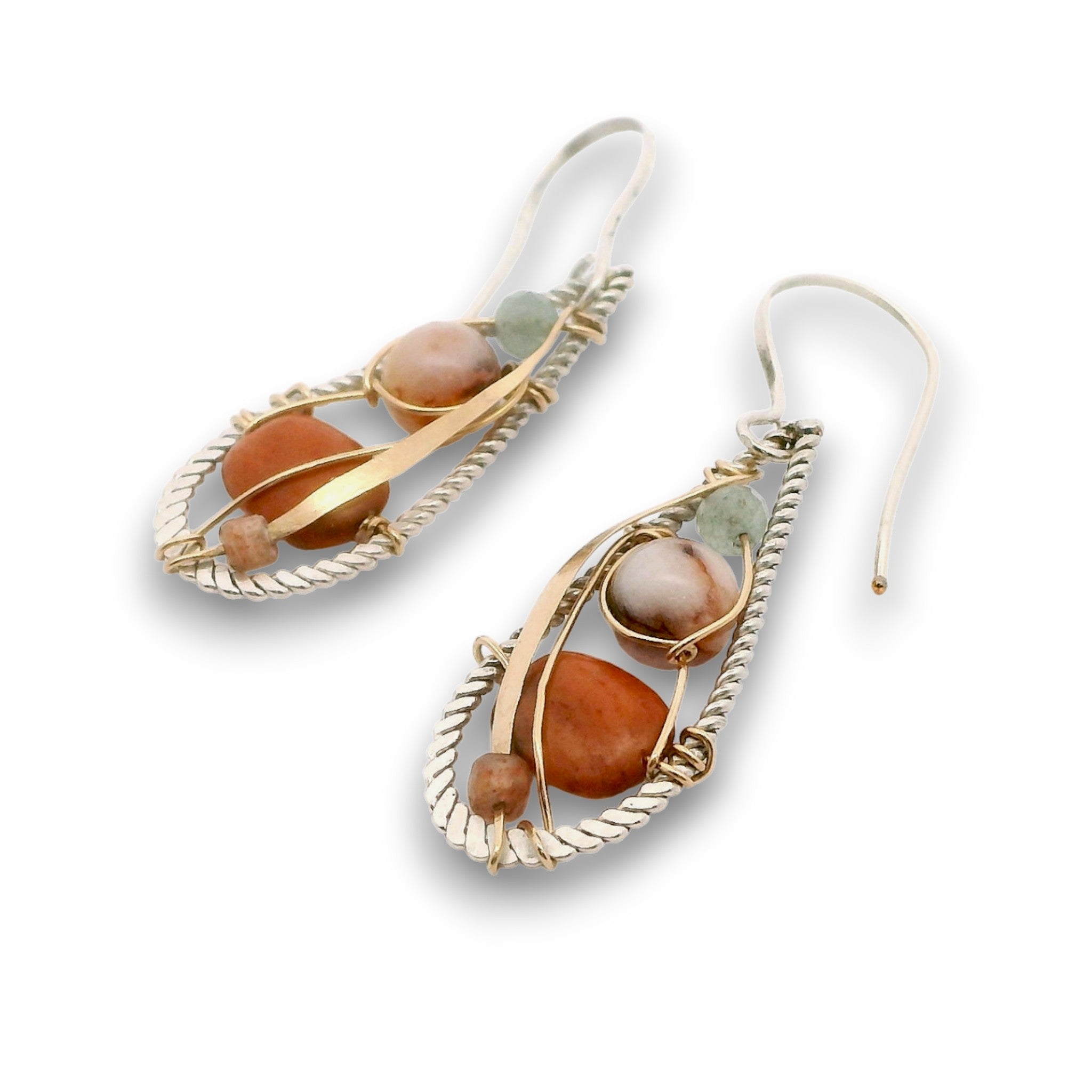 sterling silver braided wire teardrop shaped mini earrings with red jasper, pink opal, sunstone, and prehnite gemstones on 14k gold filled wire