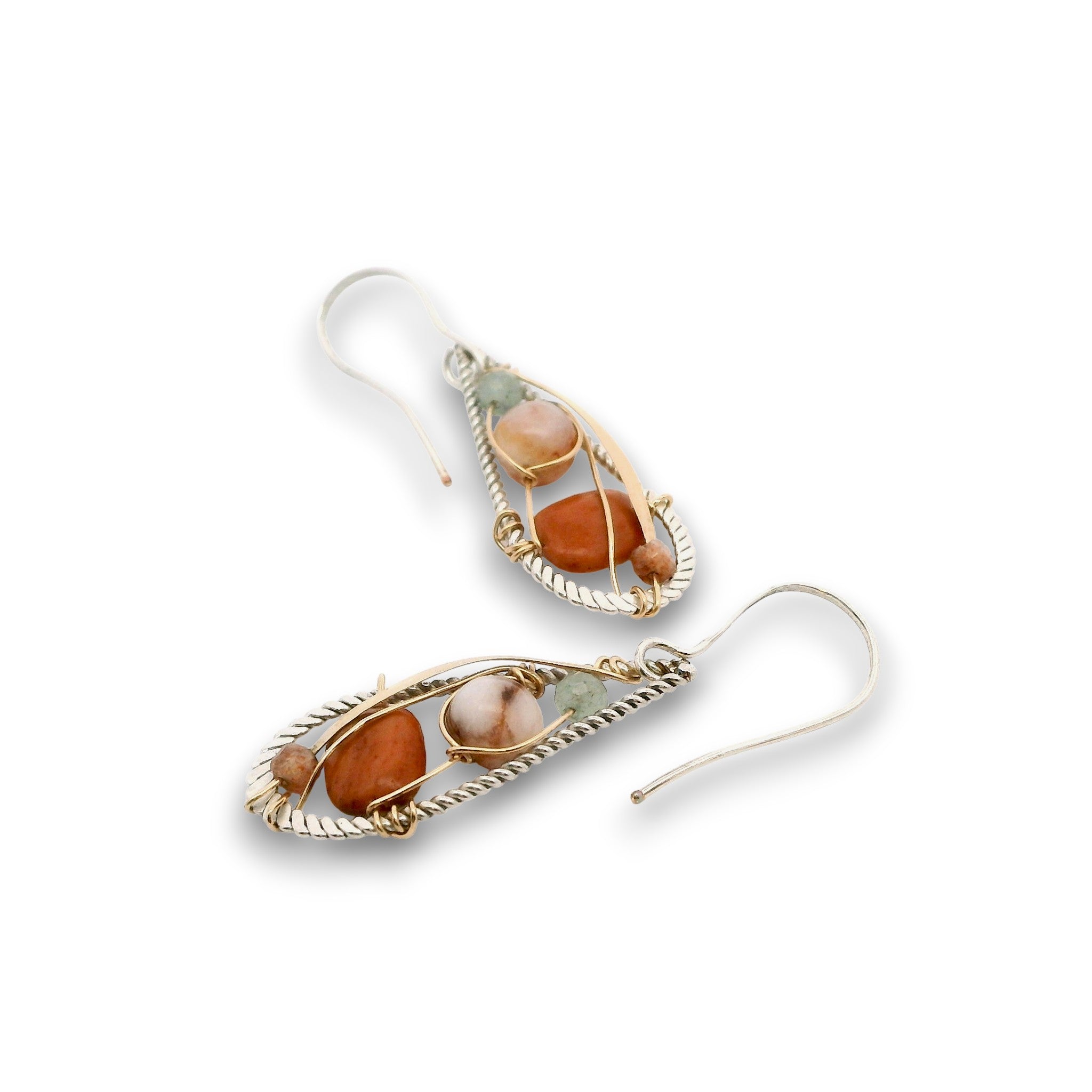 sterling silver braided wire teardrop shaped mini earrings with red jasper, pink opal, sunstone, and prehnite gemstones on 14k gold filled wire