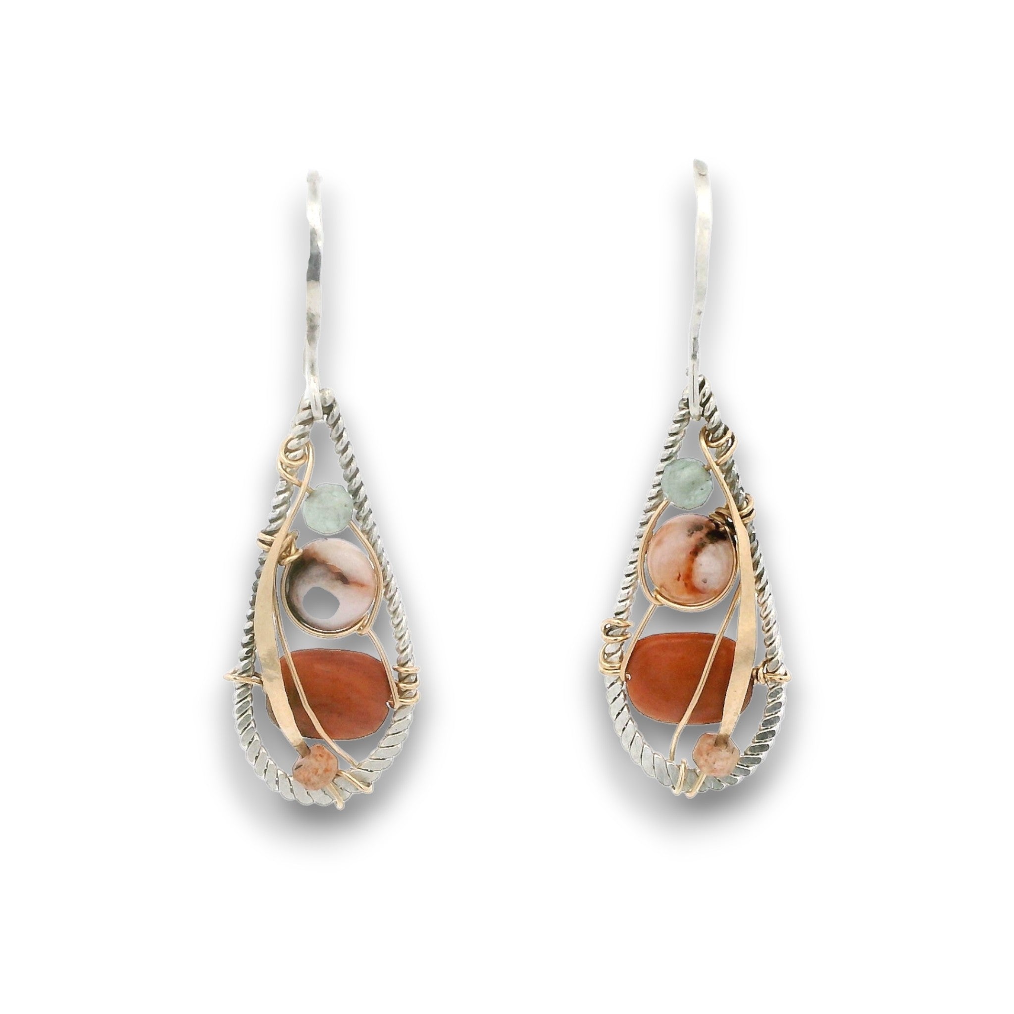 sterling silver braided wire teardrop shaped mini earrings with red jasper, pink opal, sunstone, and prehnite gemstones on 14k gold filled wire