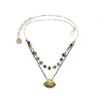 a flashy labradorite an gemstone is held on oxidized sterling silver dot chain with a second layer of cat's eye gemstones and fresh water pearl necklace