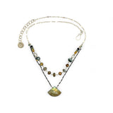 a flashy labradorite an gemstone is held on oxidized sterling silver dot chain with a second layer of cat's eye gemstones and fresh water pearl necklace