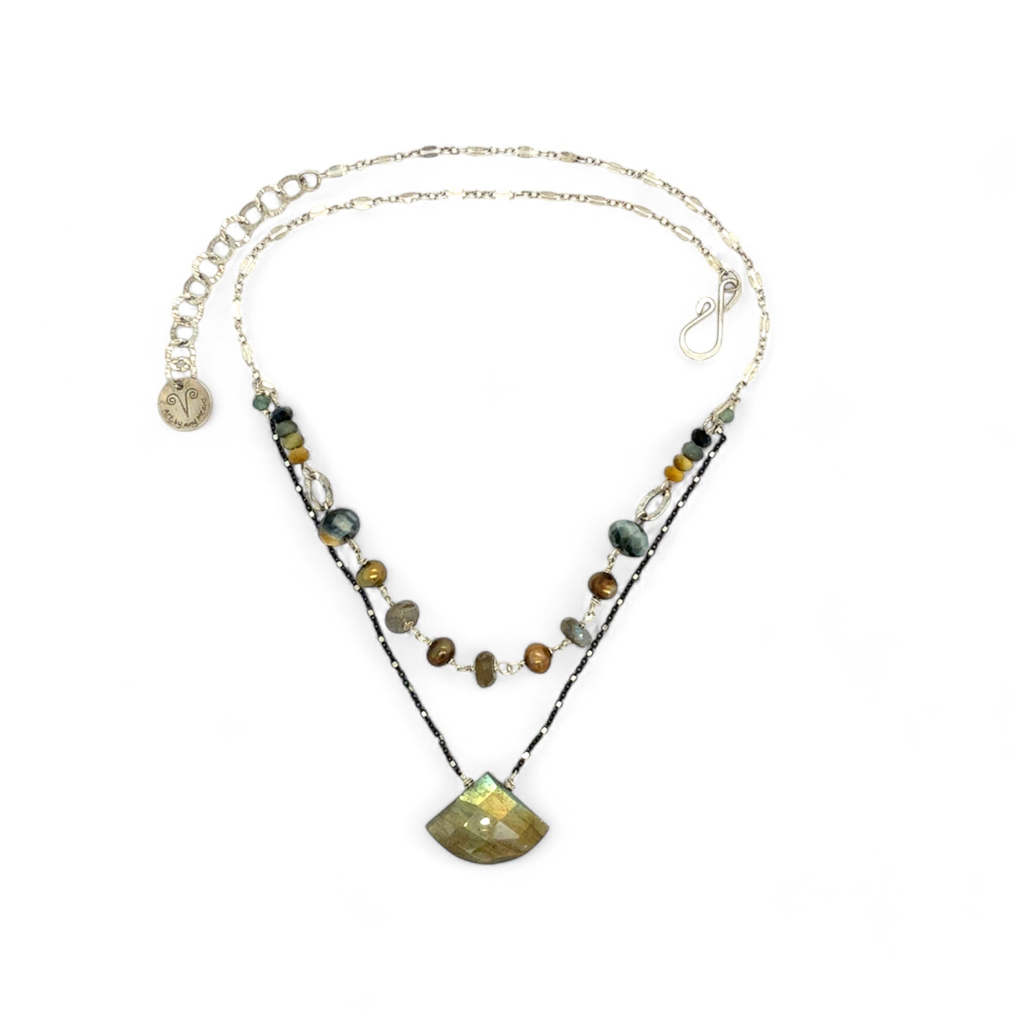 a flashy labradorite an gemstone is held on oxidized sterling silver dot chain with a second layer of cat's eye gemstones and fresh water pearl necklace