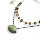a flashy labradorite an gemstone is held on oxidized sterling silver dot chain with a second layer of cat's eye gemstones and fresh water pearl necklace