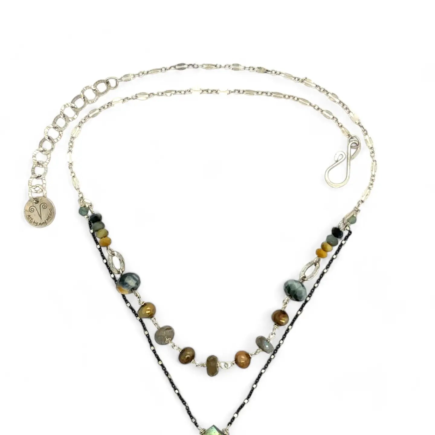 a flashy labradorite an gemstone is held on oxidized sterling silver dot chain with a second layer of cat's eye gemstones and fresh water pearl necklace