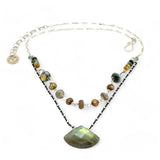 a flashy labradorite an gemstone is held on oxidized sterling silver dot chain with a second layer of cat's eye gemstones and fresh water pearl necklace