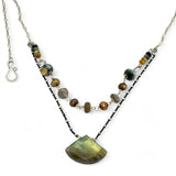 a flashy labradorite an gemstone is held on oxidized sterling silver dot chain with a second layer of cat's eye gemstones and fresh water pearl necklace