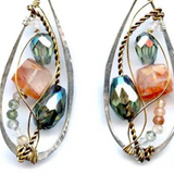 Handmade hammered sterling silver drops with green crystal, orange red rutilated quartz and green amethyst on gold filled and brass twist wires